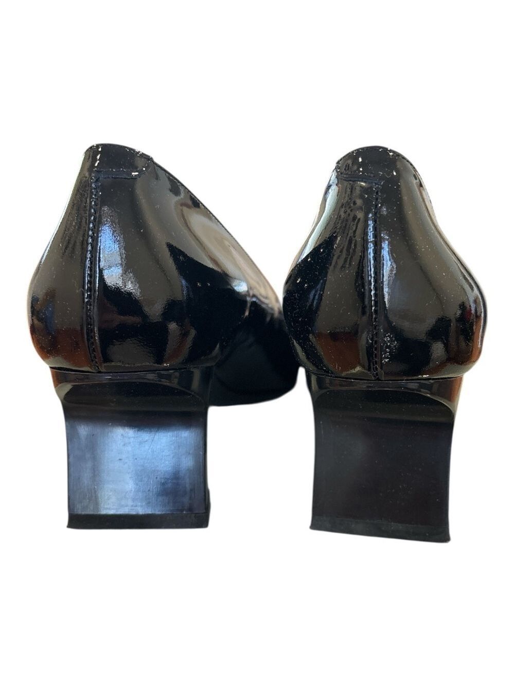 80s GAMA MADE IN ITALY BLACK PATENT LEATHER FLARED BLOCK HEEL COURT SHOE SZ 9.5 - Picture 7 of 9